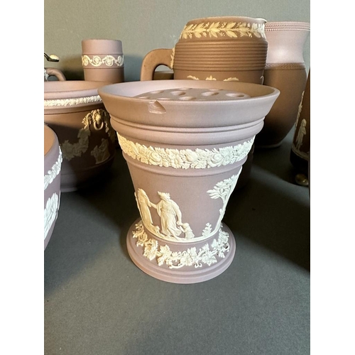 347 - A selection of Wedgewood Jasper ware to include jugs, vases and an ice bucket