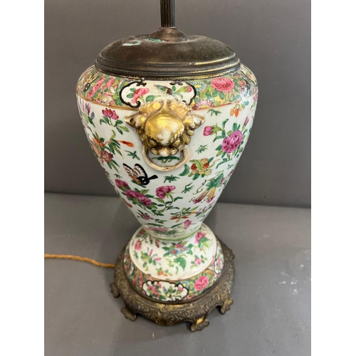 351 - A Famille rose export porcelain lamp with metal base (H46cm)