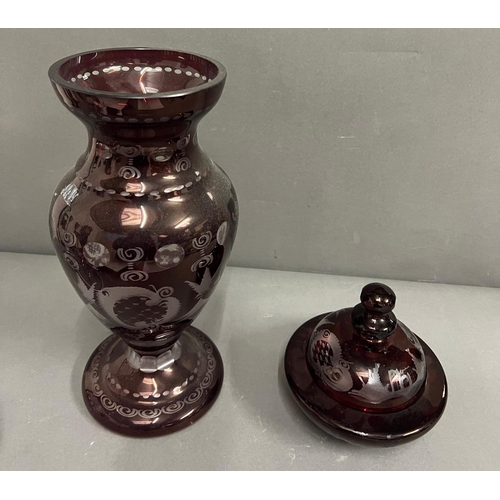 363 - An encased Bohemian glass vase and lidded dish (H32cm)