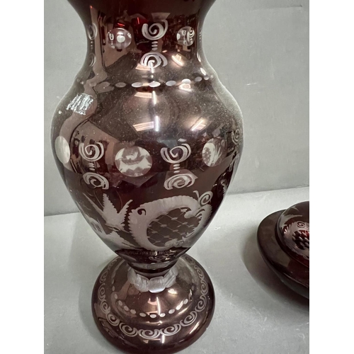 363 - An encased Bohemian glass vase and lidded dish (H32cm)