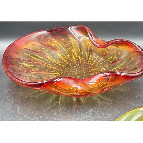 365 - Three Murano and Czech Art glass pinch and twisted bowl fire reds and yellow (W26cm)