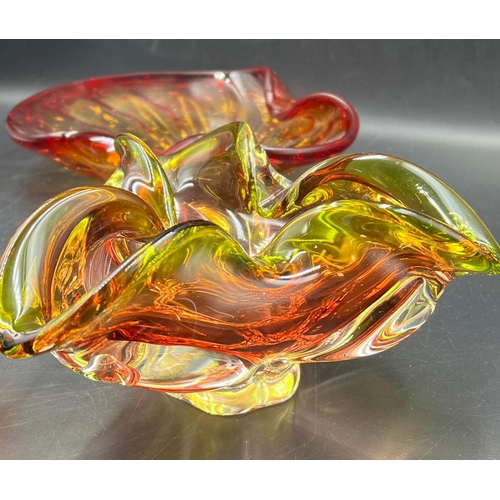 365 - Three Murano and Czech Art glass pinch and twisted bowl fire reds and yellow (W26cm)