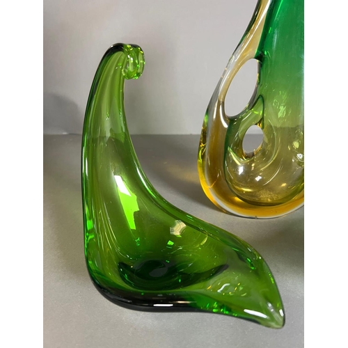 371 - Three pieces of green Art glass sculpture jug and two dishes