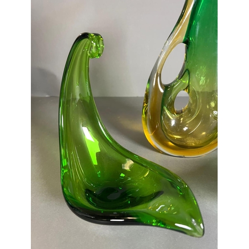 371 - Three pieces of green Art glass sculpture jug and two dishes