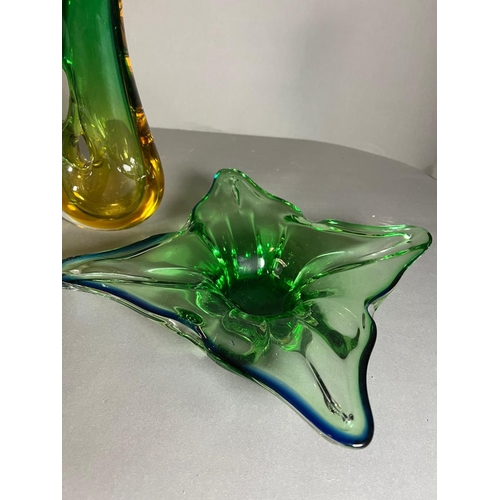 371 - Three pieces of green Art glass sculpture jug and two dishes