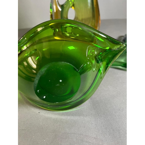 371 - Three pieces of green Art glass sculpture jug and two dishes