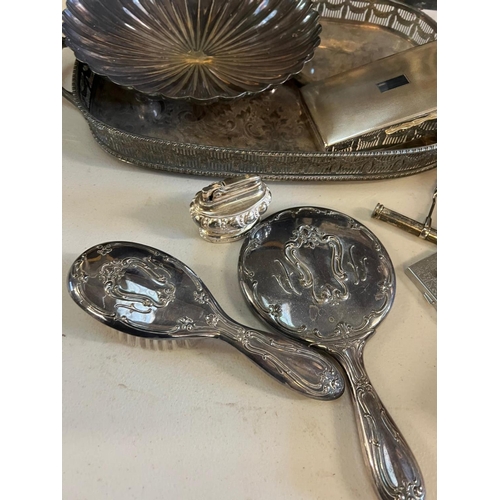 428 - A selection of silverplate items to include trays, lighter etc