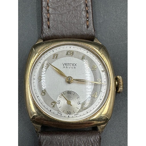 518 - A 9ct gold Vertex Revue wristwatch on leather strap