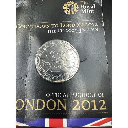 574 - Three collectable Five Pound coins: Countdown to London 2012, Coronation Anniversary 1926-2006 Vivat... 