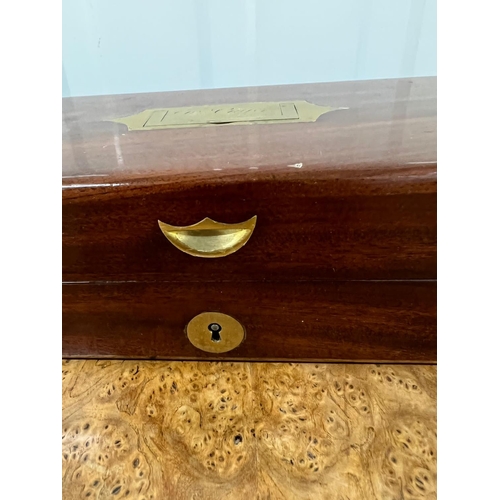 615 - A campaign style brass bound mahogany box with green lined interior AF (42cm x 15cm x 9cm)