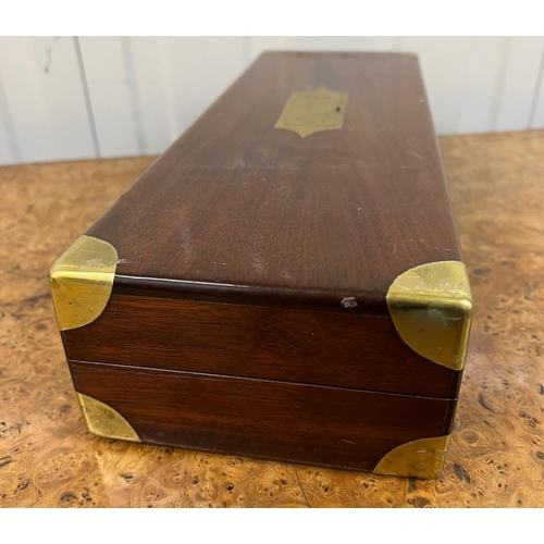 615 - A campaign style brass bound mahogany box with green lined interior AF (42cm x 15cm x 9cm)