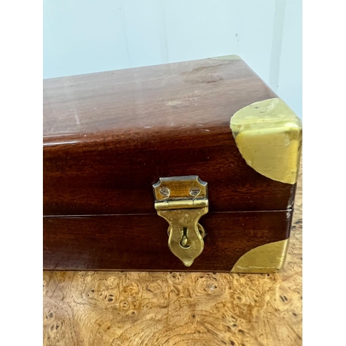 615 - A campaign style brass bound mahogany box with green lined interior AF (42cm x 15cm x 9cm)