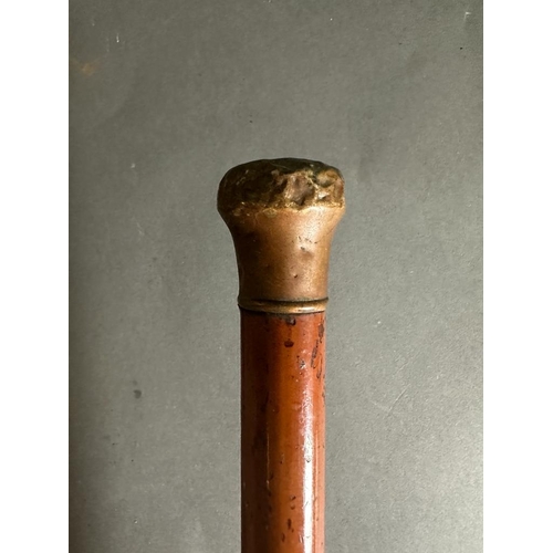 626 - A brass topped swagger or walking stick along with an iron wood Zulu Knobkerrie