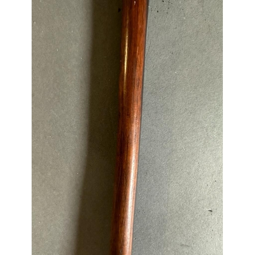 626 - A brass topped swagger or walking stick along with an iron wood Zulu Knobkerrie