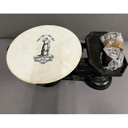 673 - Victorian Weighting scales and porcelain weighing plate.