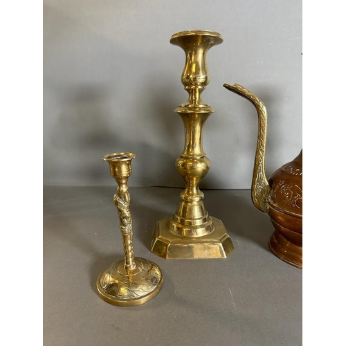 683 - Two pairs of brass candlesticks, (One set 28.5cm and 16cm tall) Along with a Persian coffee pot