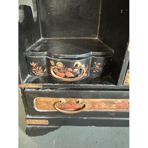 684 - A Japanned jewellery box with drawers and cupboard opening to three small drawers 44.5cm H