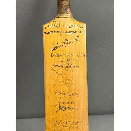 736 - A signed miniature cricket bat, England V Pakistan 1934 (46cm)