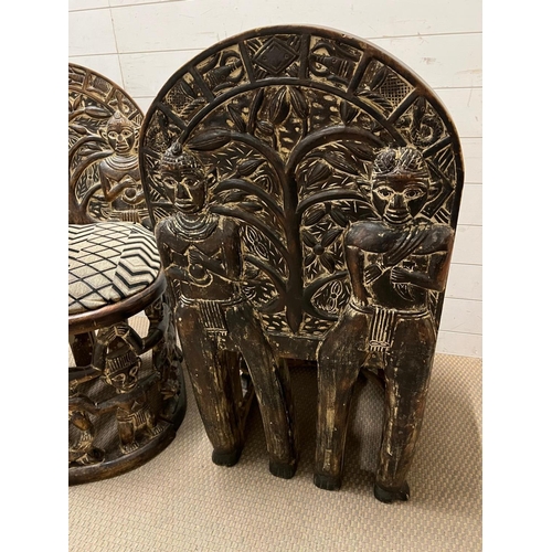 89 - A pair of carved seats with tribal theme carving to back and base