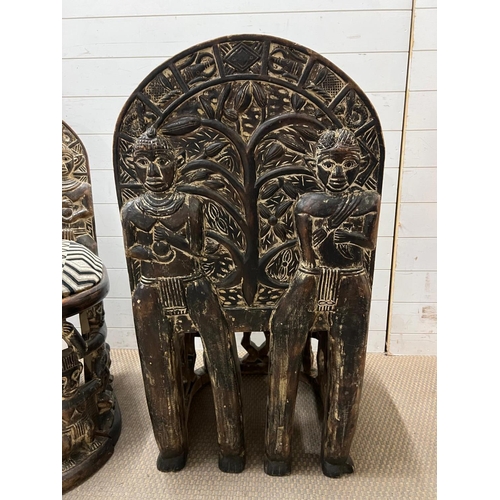 89 - A pair of carved seats with tribal theme carving to back and base