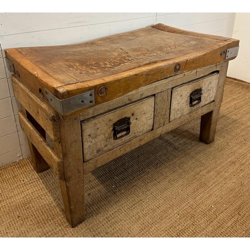 120 - A large reclaimed butchers block on a pine two drawer stand (H70cm W122cm D69cm)