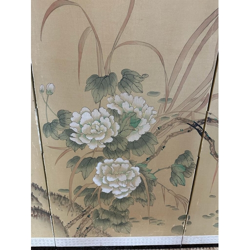 197 - A vintage Japanese silk screen with ducks, bamboo and blossoms