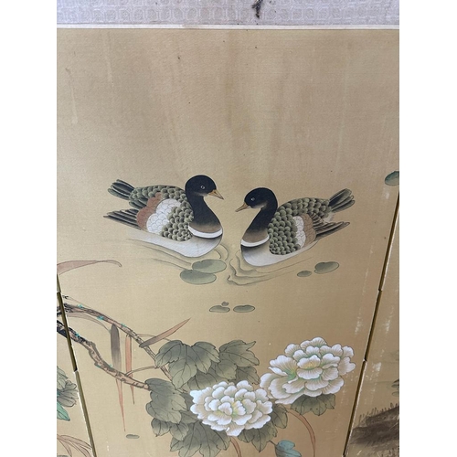 197 - A vintage Japanese silk screen with ducks, bamboo and blossoms