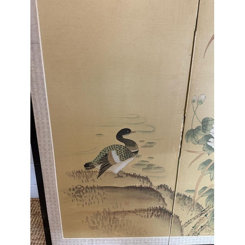 197 - A vintage Japanese silk screen with ducks, bamboo and blossoms