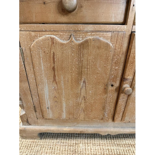 198 - A pine two drawer and two door cupboard with carved doors and supports AF (H76cm W100cm D43cm)