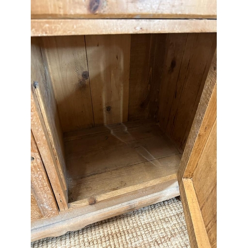 198 - A pine two drawer and two door cupboard with carved doors and supports AF (H76cm W100cm D43cm)