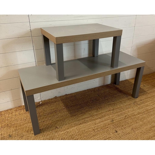 204 - Two grey painted Ikea side tables (H47cm W120cm D40cm and H37cm W60cm D40cm)