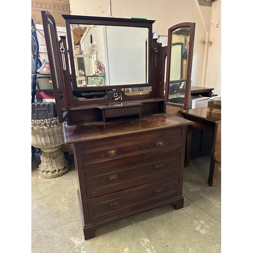 210 - A vintage Art Deco three drawer dresser with tri fold mirror over