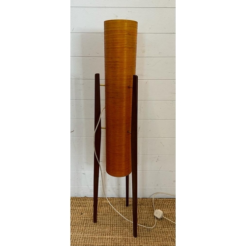 231 - A Mid Century floor standing teak rocket lamp with orange spur fibre glass shade )H113cm)