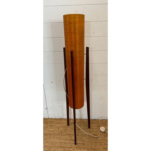 231 - A Mid Century floor standing teak rocket lamp with orange spur fibre glass shade )H113cm)