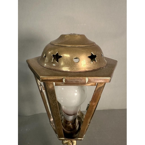 234 - A brass lantern style table lamp on barley twist column base