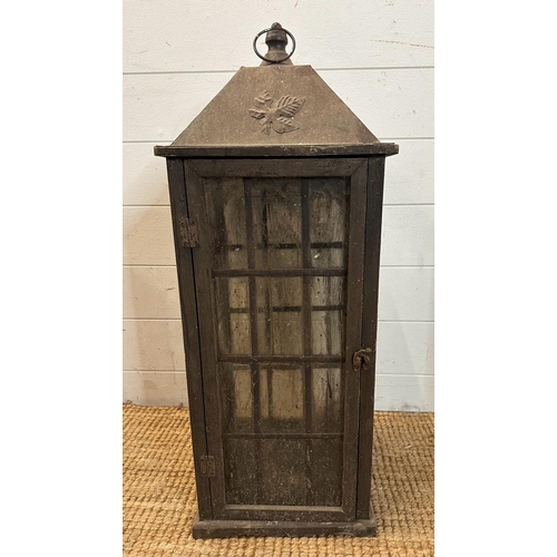 243 - Two large black wooden framed hanging lanterns, lead glazed on all sides with hammered tin roofs (H7... 