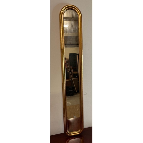 251 - A long wooden framed gold painted oval hall mirror 114cm x 19cm