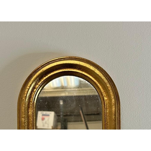 251 - A long wooden framed gold painted oval hall mirror 114cm x 19cm