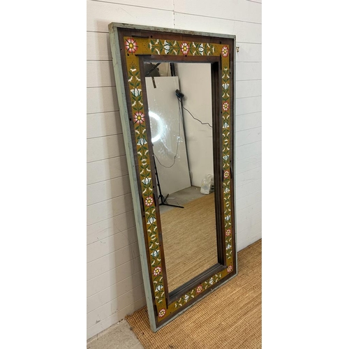 252 - A reclaimed wooden full length wall mirror with painted floral boarder 91cm x 194cm