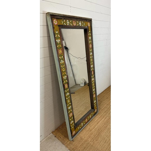 253 - A reclaimed wooden full length wall mirror with painted floral boarder 91cm x 194cm