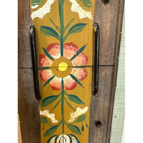 253 - A reclaimed wooden full length wall mirror with painted floral boarder 91cm x 194cm