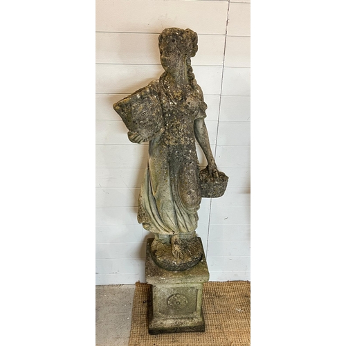 257 - A weathered cast stone statue of a maiden holding two basket (H108cm Base 43cm) 2 pieces