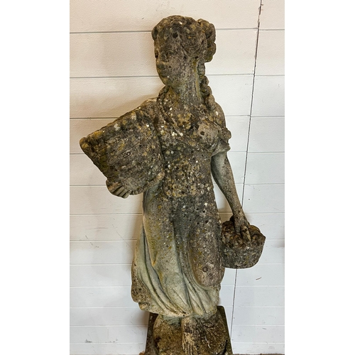 257 - A weathered cast stone statue of a maiden holding two basket (H108cm Base 43cm) 2 pieces