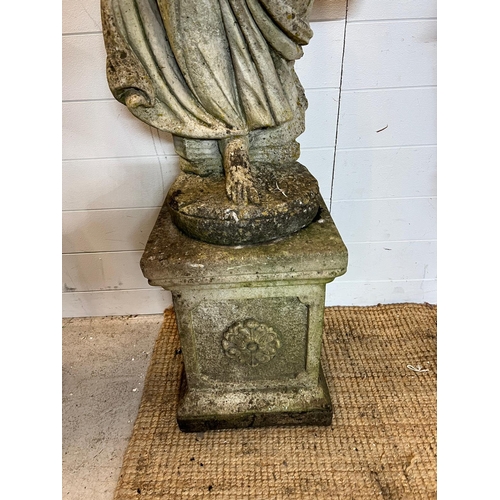 257 - A weathered cast stone statue of a maiden holding two basket (H108cm Base 43cm) 2 pieces