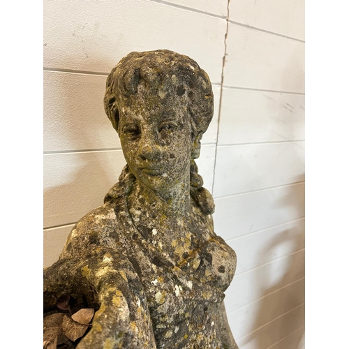 257 - A weathered cast stone statue of a maiden holding two basket (H108cm Base 43cm) 2 pieces