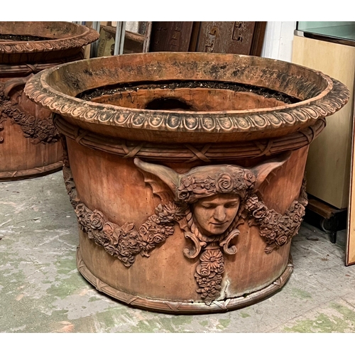 266 - A pair of ornamental terracotta urns with classical style, decorated with a floral laurel joined by ... 