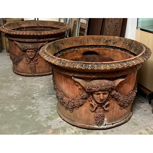 266 - A pair of ornamental terracotta urns with classical style, decorated with a floral laurel joined by ... 