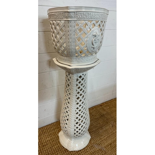 281 - An Italian white ceramic pierced plant stand and planter (H82cm Dia 25cm)