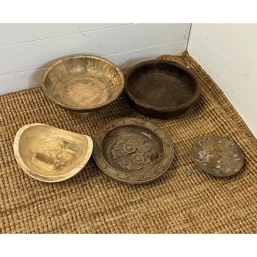 302 - Six wooden turned bowls various sizes and wooden closh or dome