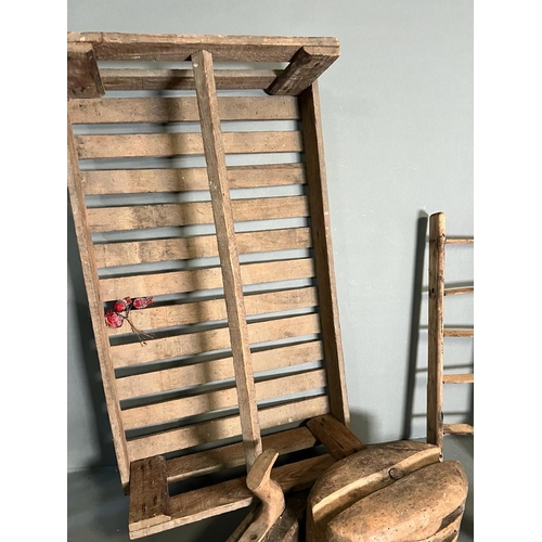 338 - A wooden trug/seed tray along with vintage tools and pullys